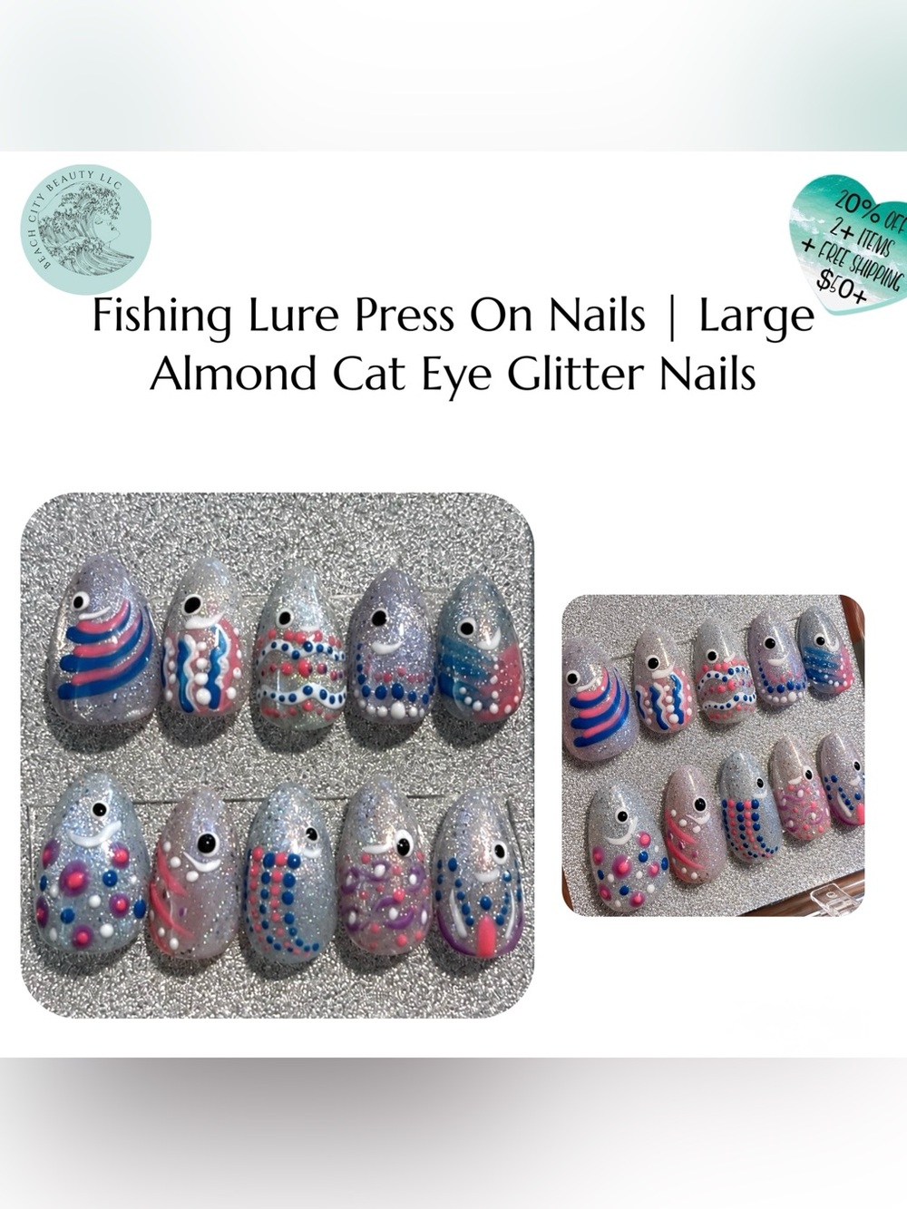 Fishing Lure Press On Nails | Large Almond Cat Eye Glitter Nails